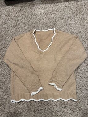 Beige V-Neck Sweater with White Trim